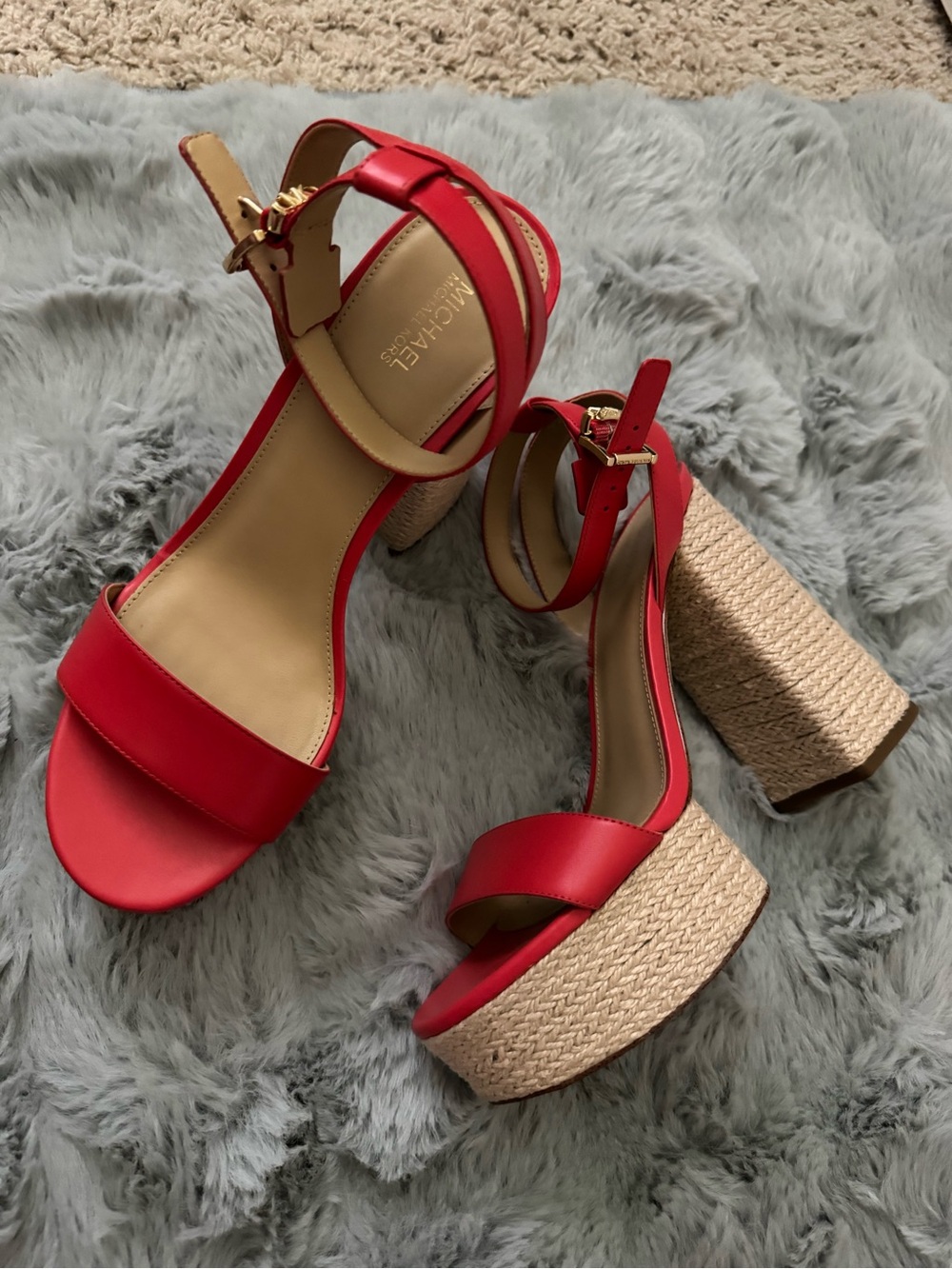 Michael Kors Red Woven-Platform Ankle Strap Wedges